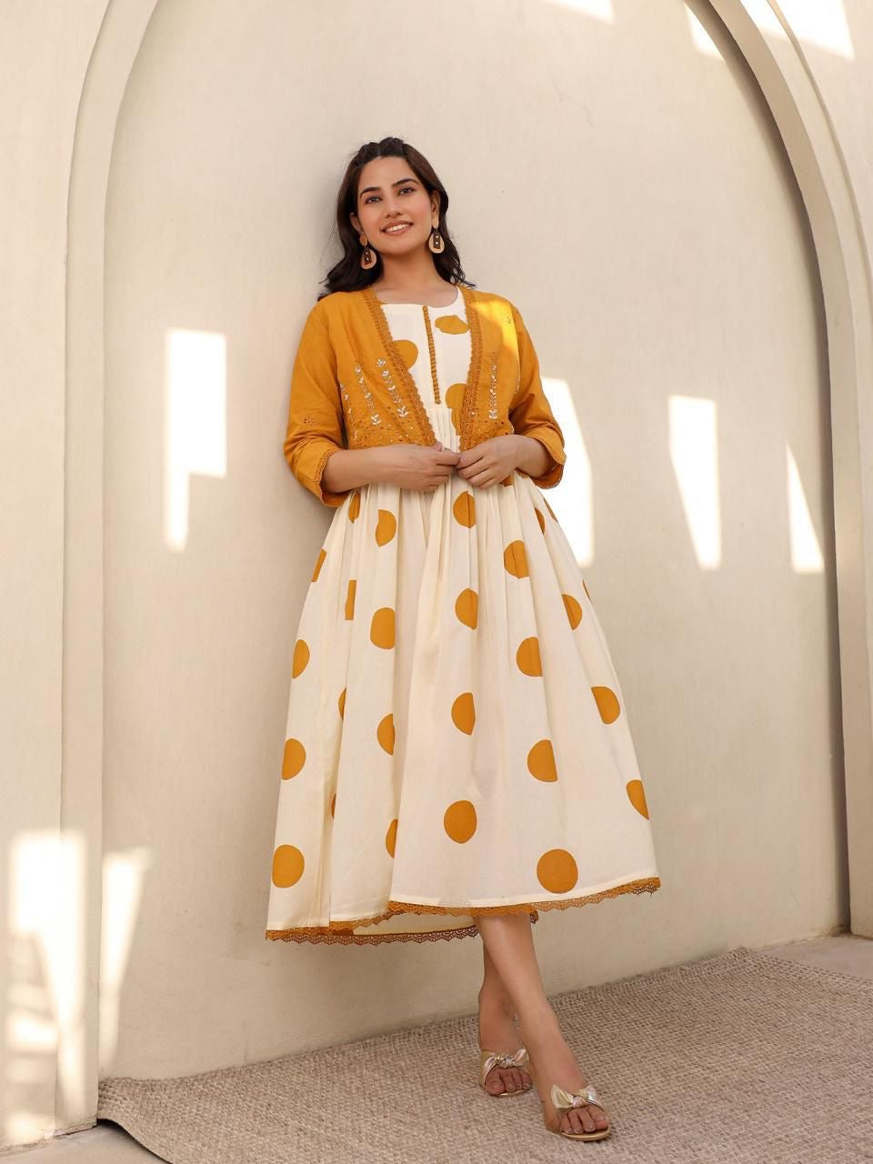 Yellow - Stylish Cotton Polka Dot Frock with Embellished Yoke and Coat