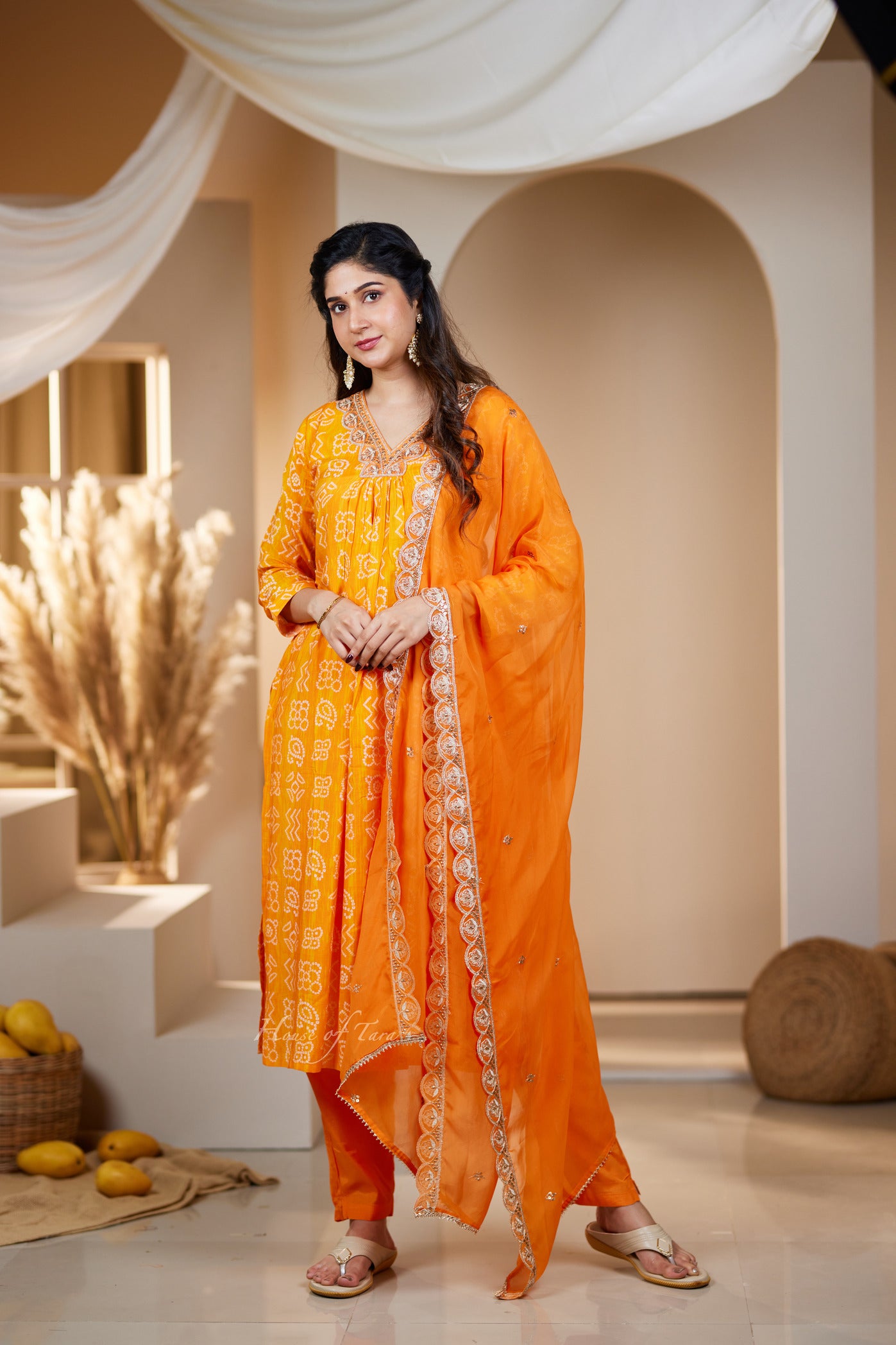 Orange Bandhani Printed Kurti Set with Embellished Neckline