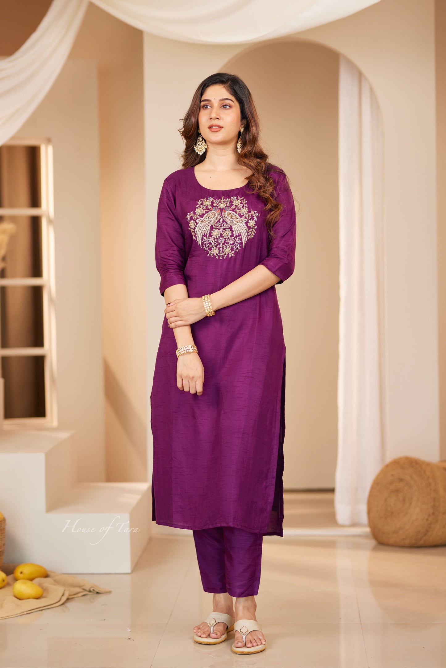 Wine Elegant Raw Silk Kurti Sets with Hand Embroidered on Yoke