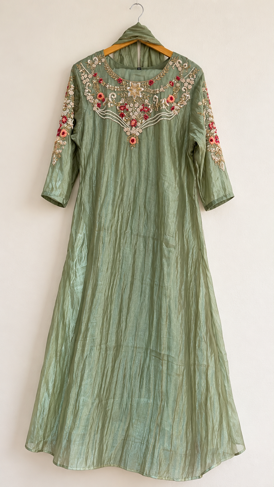 Floral Embroidered Flared Dress – Sage Green or Champagne Gold