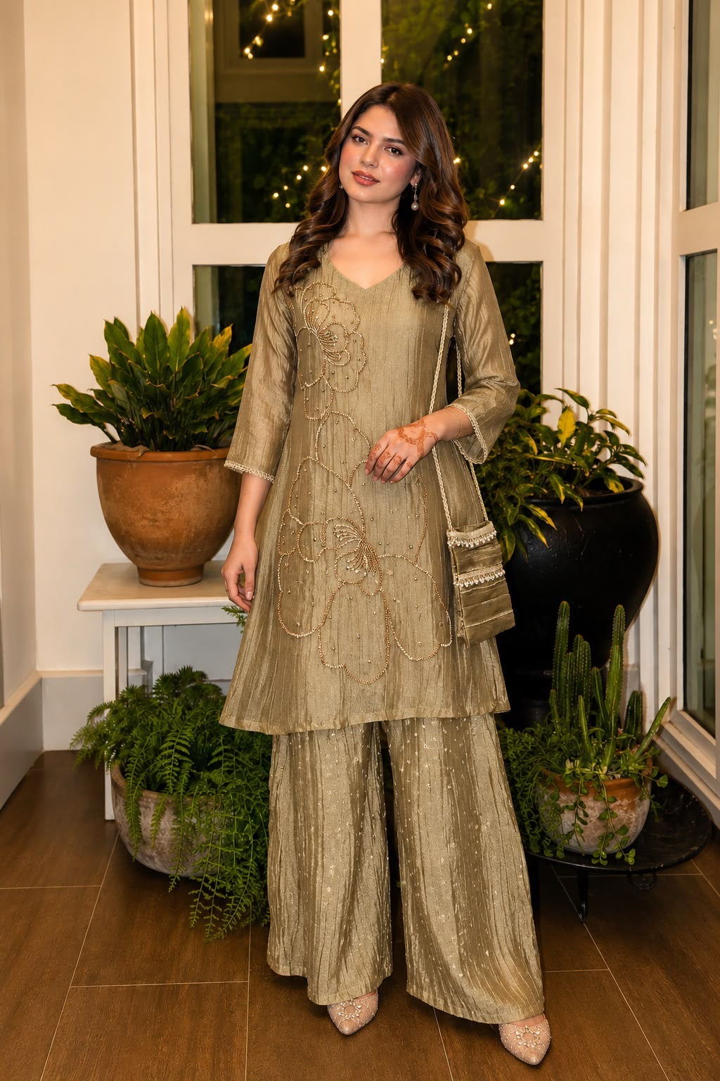 Elegant Olive Gold Silk Kurta & Palazzo Set