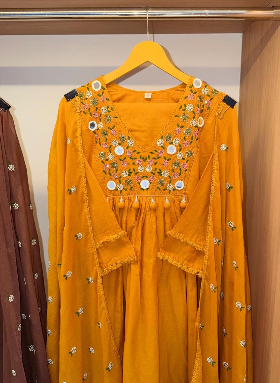 Gulbahar Mirrorwork Mulcotton Dress (Mustard/Brown)