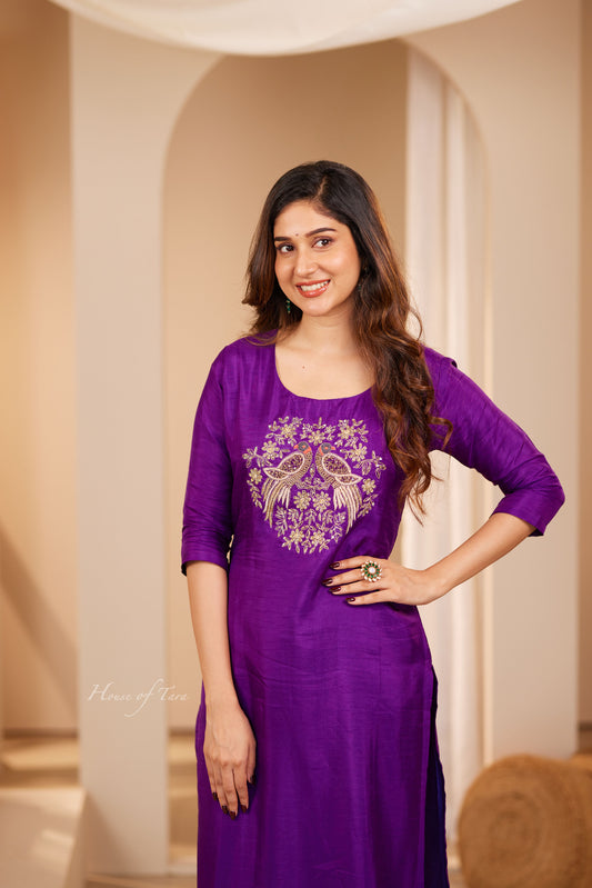 Purple Elegant Raw Silk Kurti Sets with Hand Embroidered on Yoke