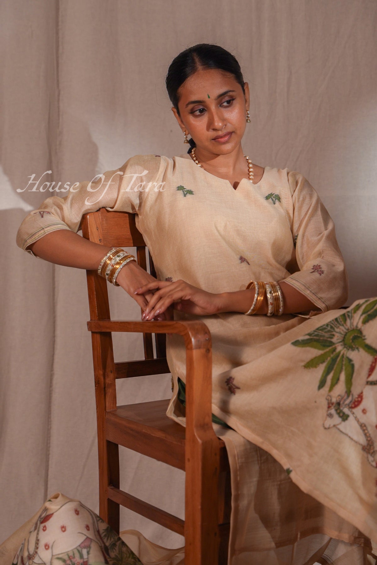 Beige Jamdani Peacock & Floral Kurta Set