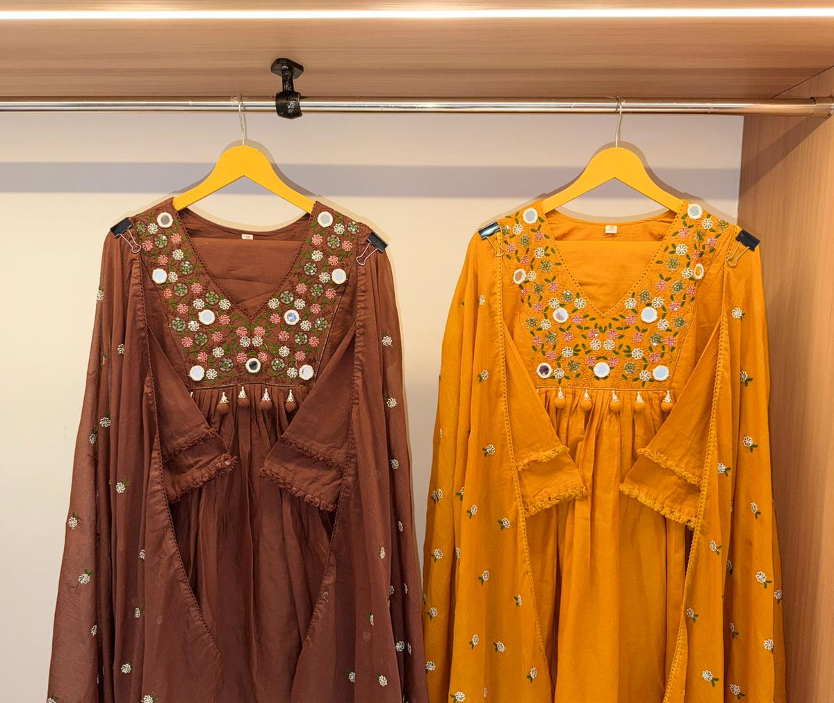 Gulbahar Mirrorwork Mulcotton Dress (Mustard/Brown)