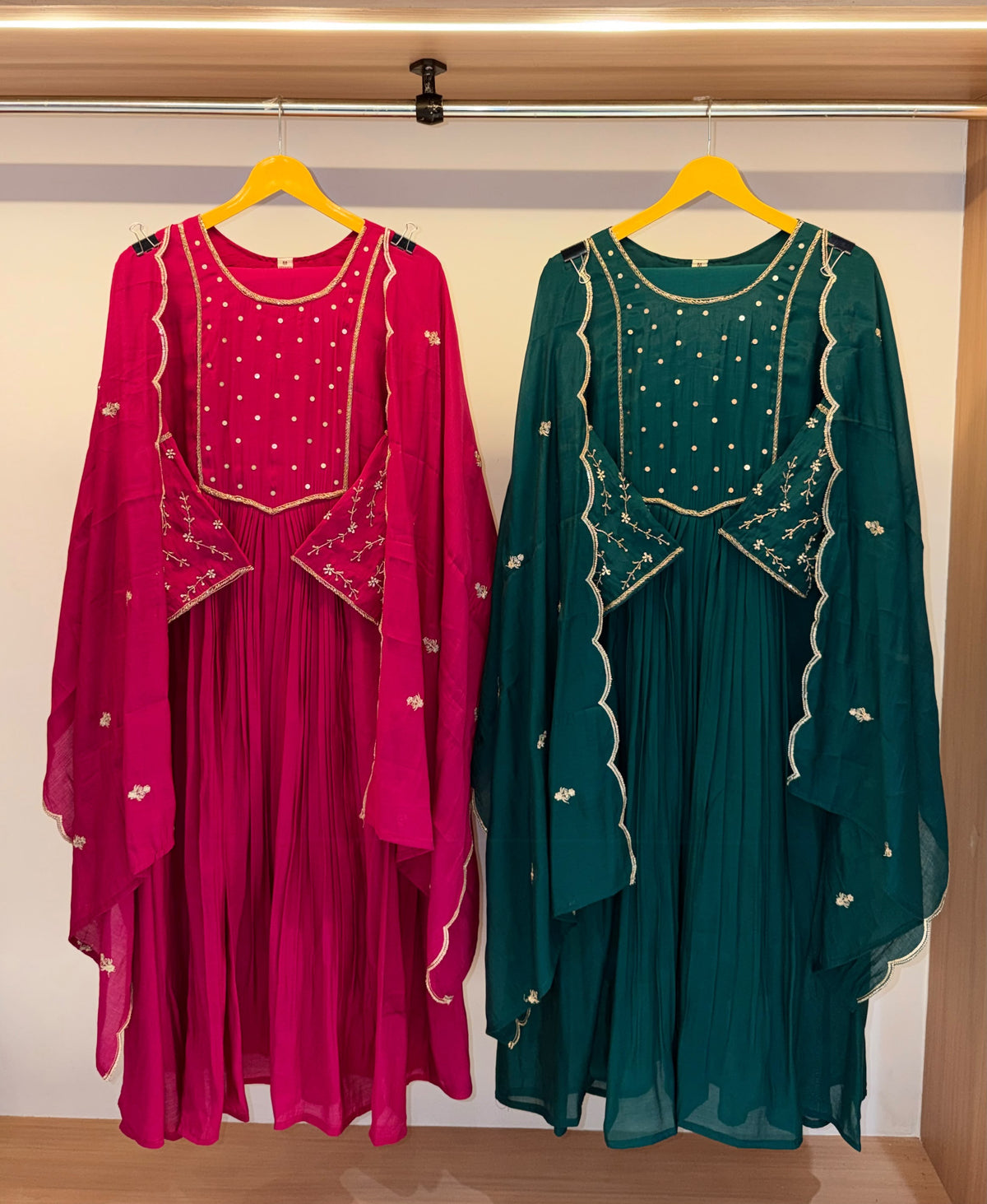 Gold Detail Pleated Dress Set with Dupatta – Pink or Bottle Green