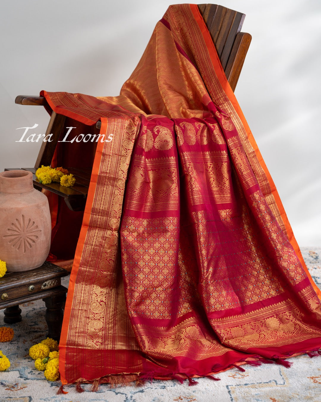 Peach Gold Saree with Crimson Peacock Border