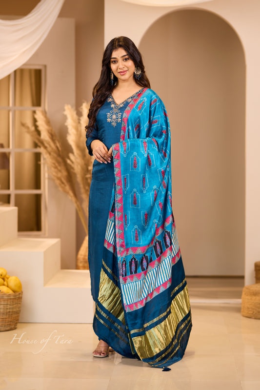 Dark Blue Kurti Set with Gajji Silk Dupatta and Embellished Neckline