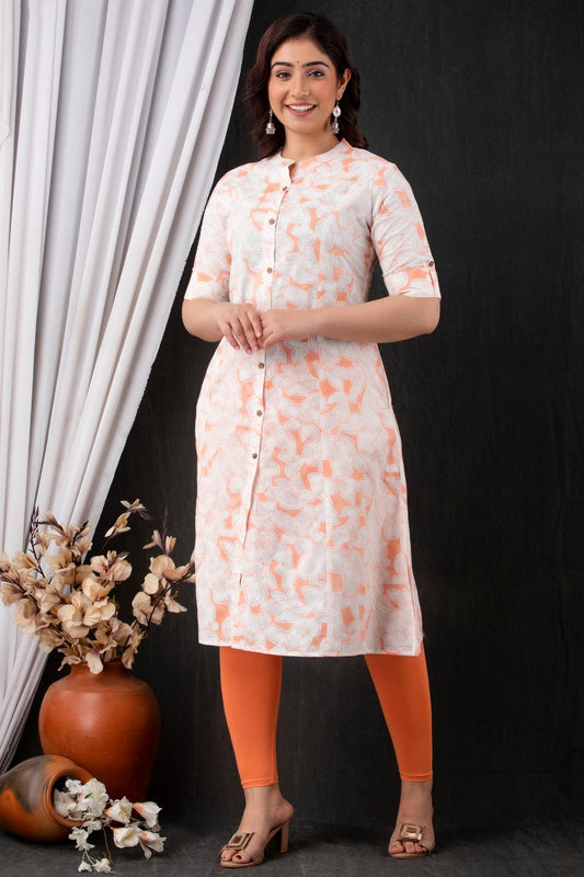 Chic Cotton Kurti with Pockets - White and Orange