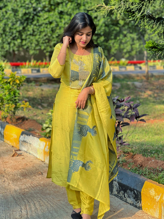 Graceful Tissue Kurti Set with Embellished Yoke and Designer Dupatta