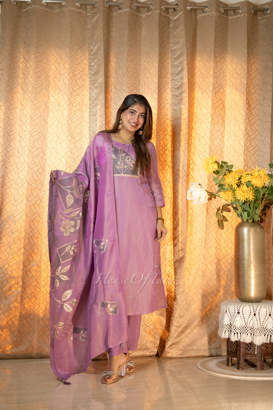 Elegant Lavender Tissue Kurti Set with Embellished Yoke