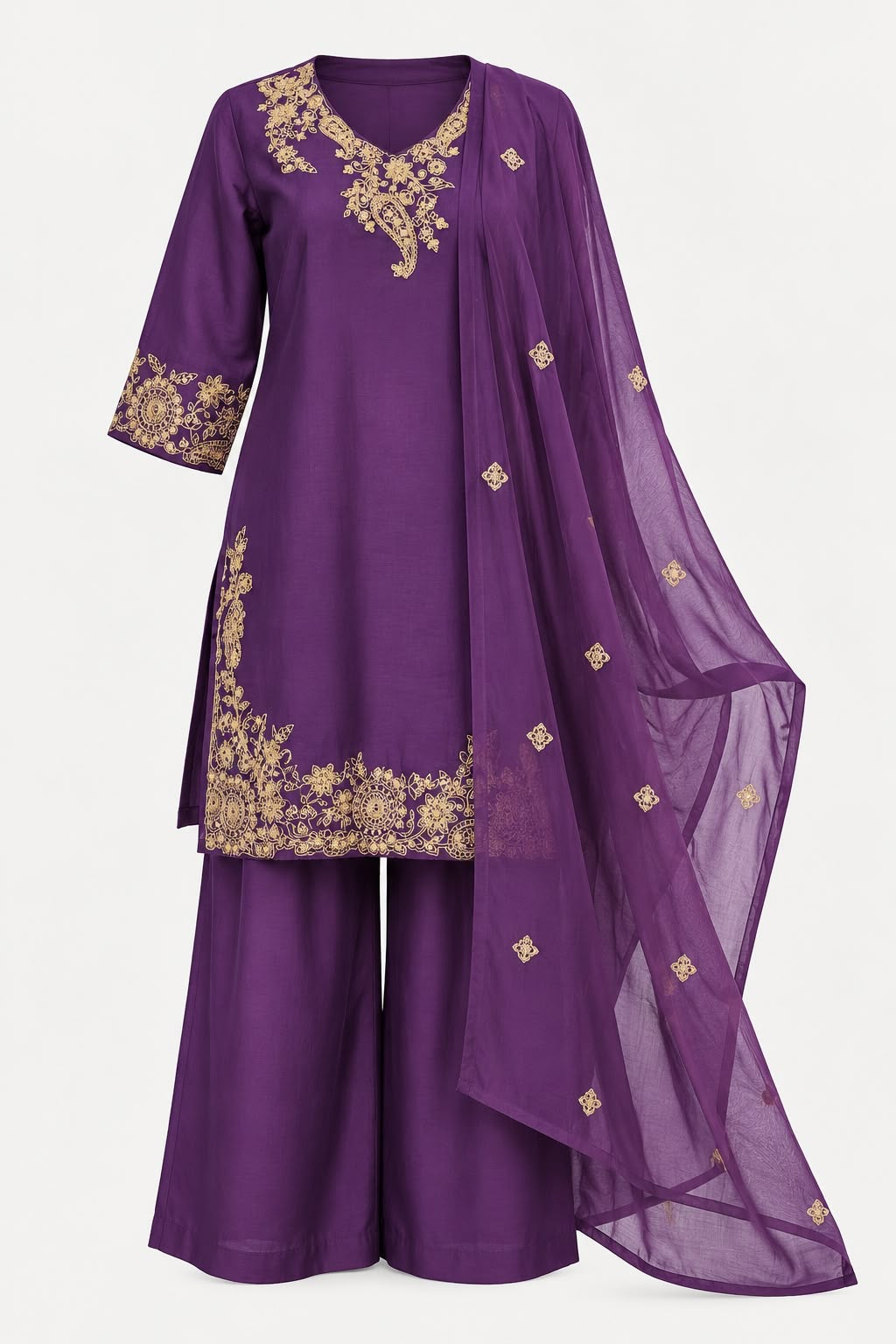 Royal Plum & Gold Kurta Palazzo Set with Dupatta