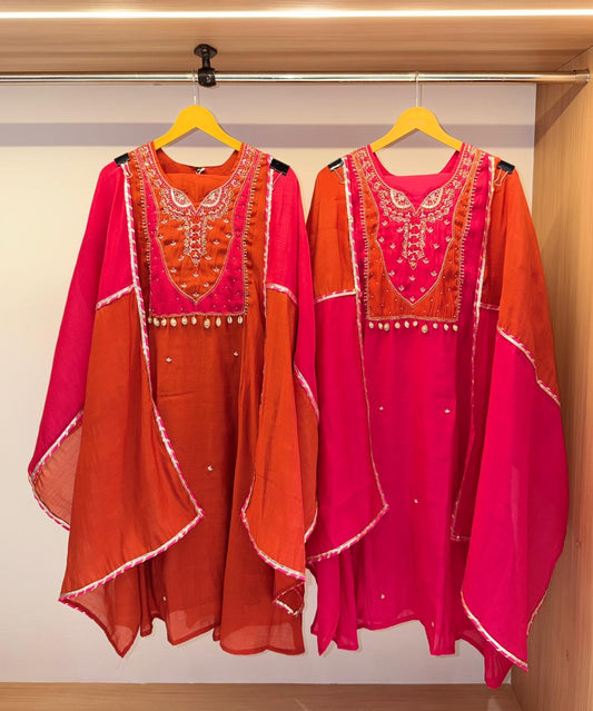 Gulnaar Embroidered Yoke Kaftan Kurta Set (Rust/Rani Pink)