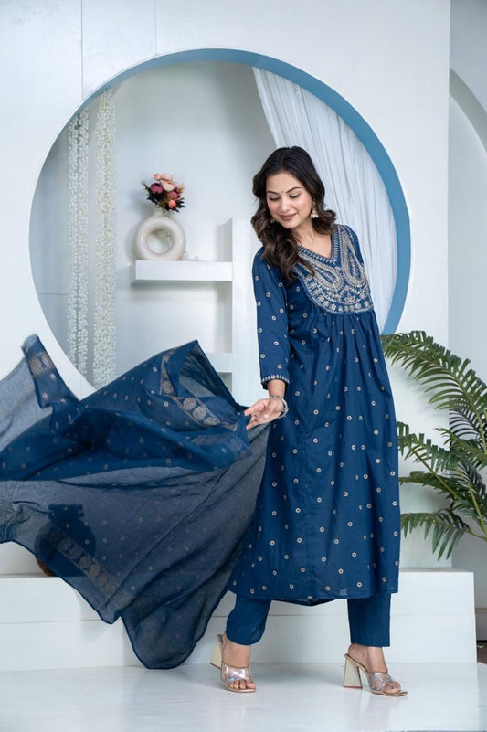 Elegant Blue Kurti Set with designer Yoke