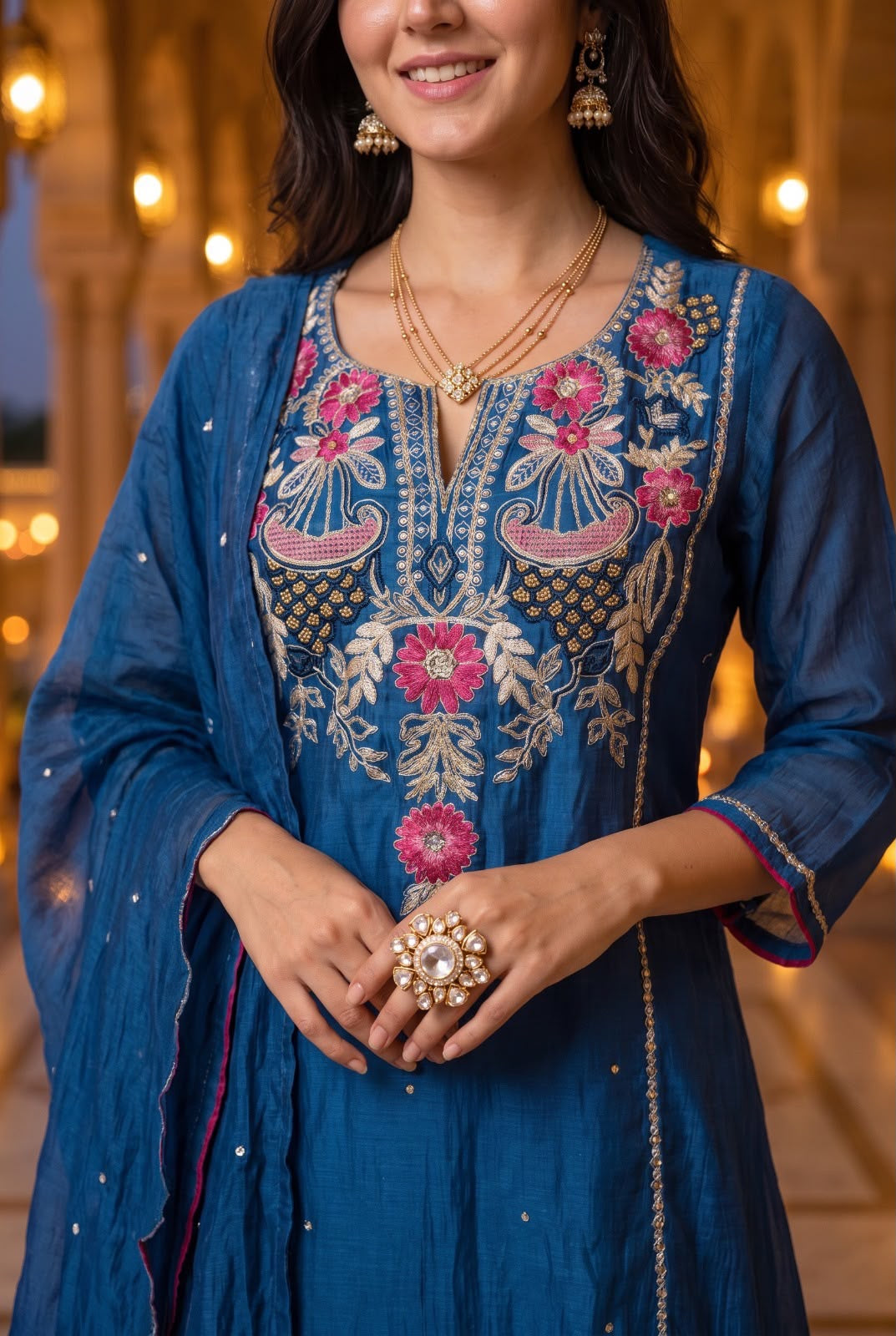 Blue Floral Embroidered Kurta Set with Dupatta