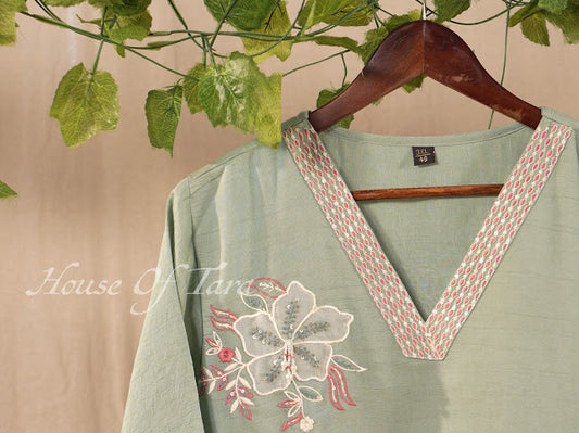 Sage Green Floral Embroidered Kurti