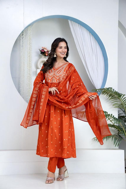 Elegant orange Kurti Set with designer Yoke