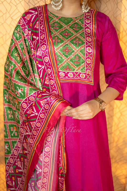 Vibrant Pink & Green Silk Kurti Set with Patola print and Gajji Silk Dupatta