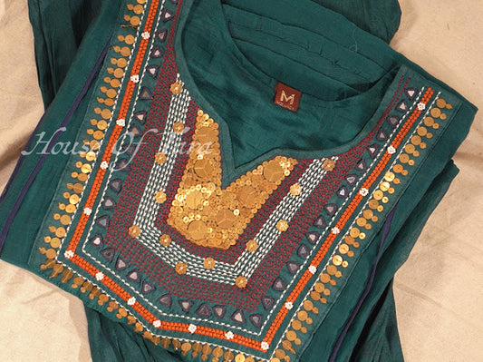 Teal Mirror-Work Embroidered Kurti