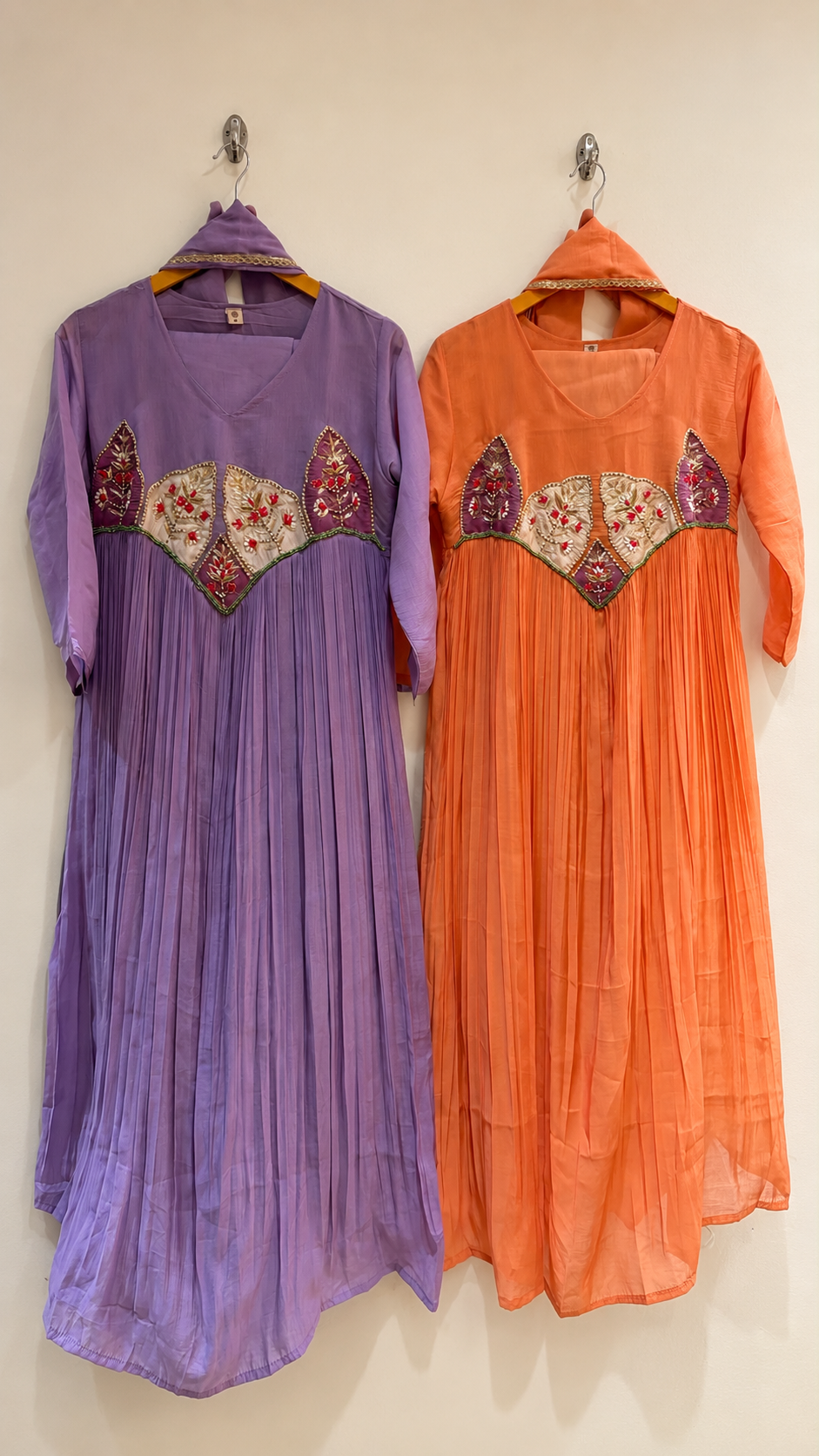 Floral Appliqué Pleated Maxi Dress – Lavender & Peach Orange