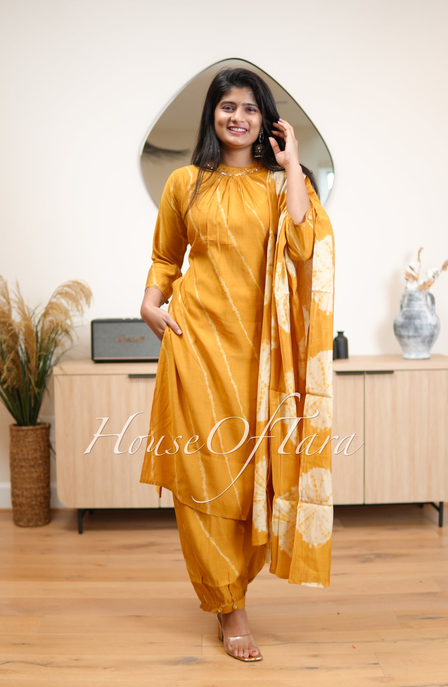 Yellow -Embellished Silk Kurti Set with Leheriya Pattern and Tie-Dye Dupatta