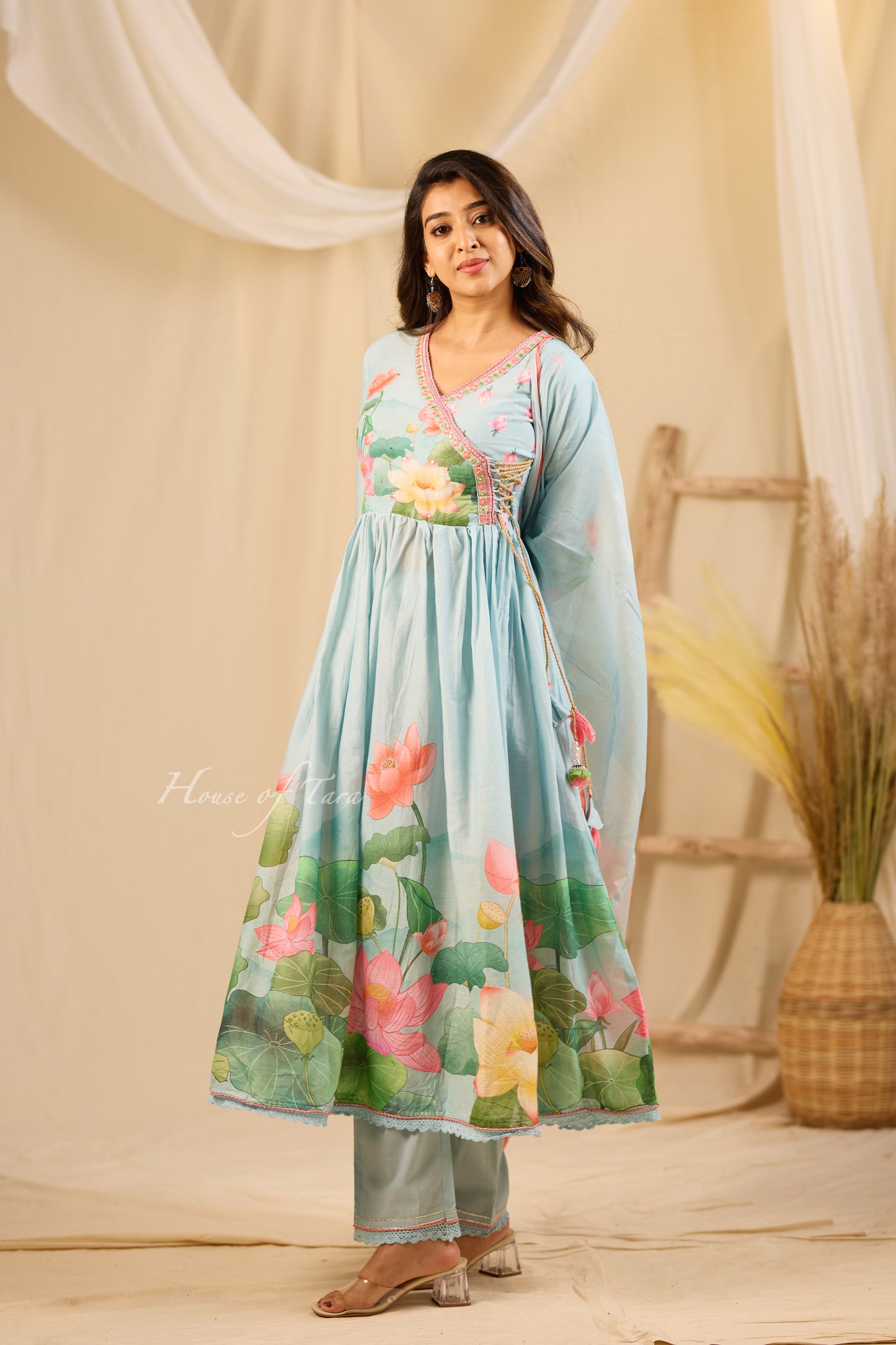 Light blue Three-Piece Anarkali Set with Embellished Yoke and Designer Dupatta