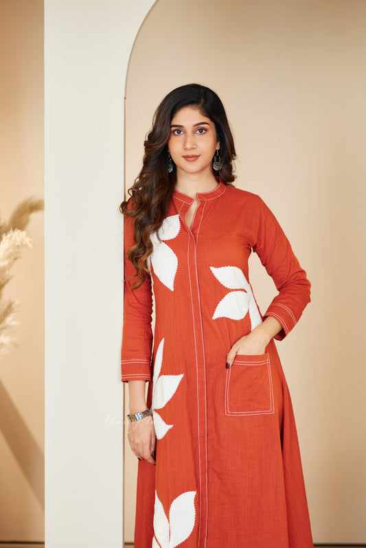 Rust Linen Summer Frock with Leaf Appliqué Hand Embroidery in Four Colors