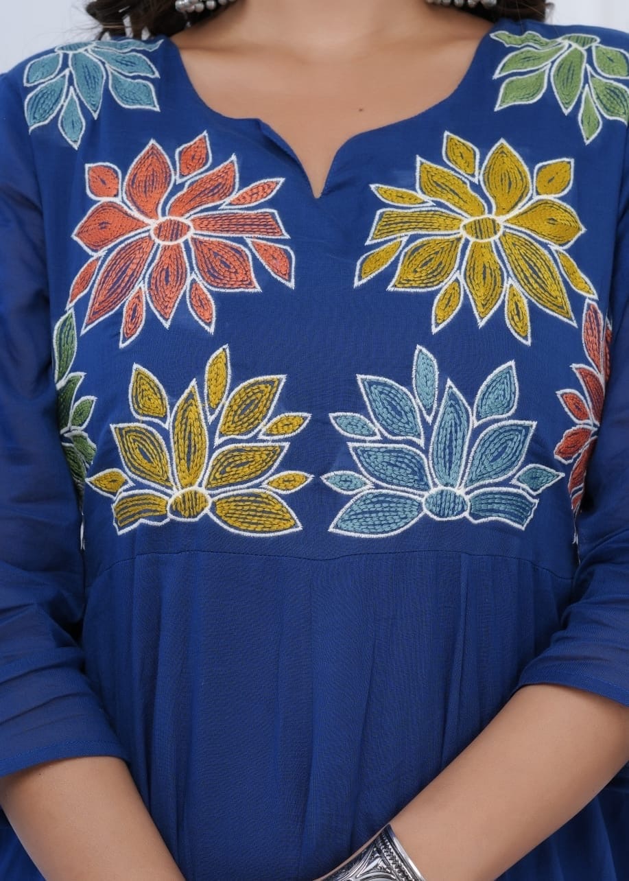 Blue Charm Cotton A-Line Kurti Set