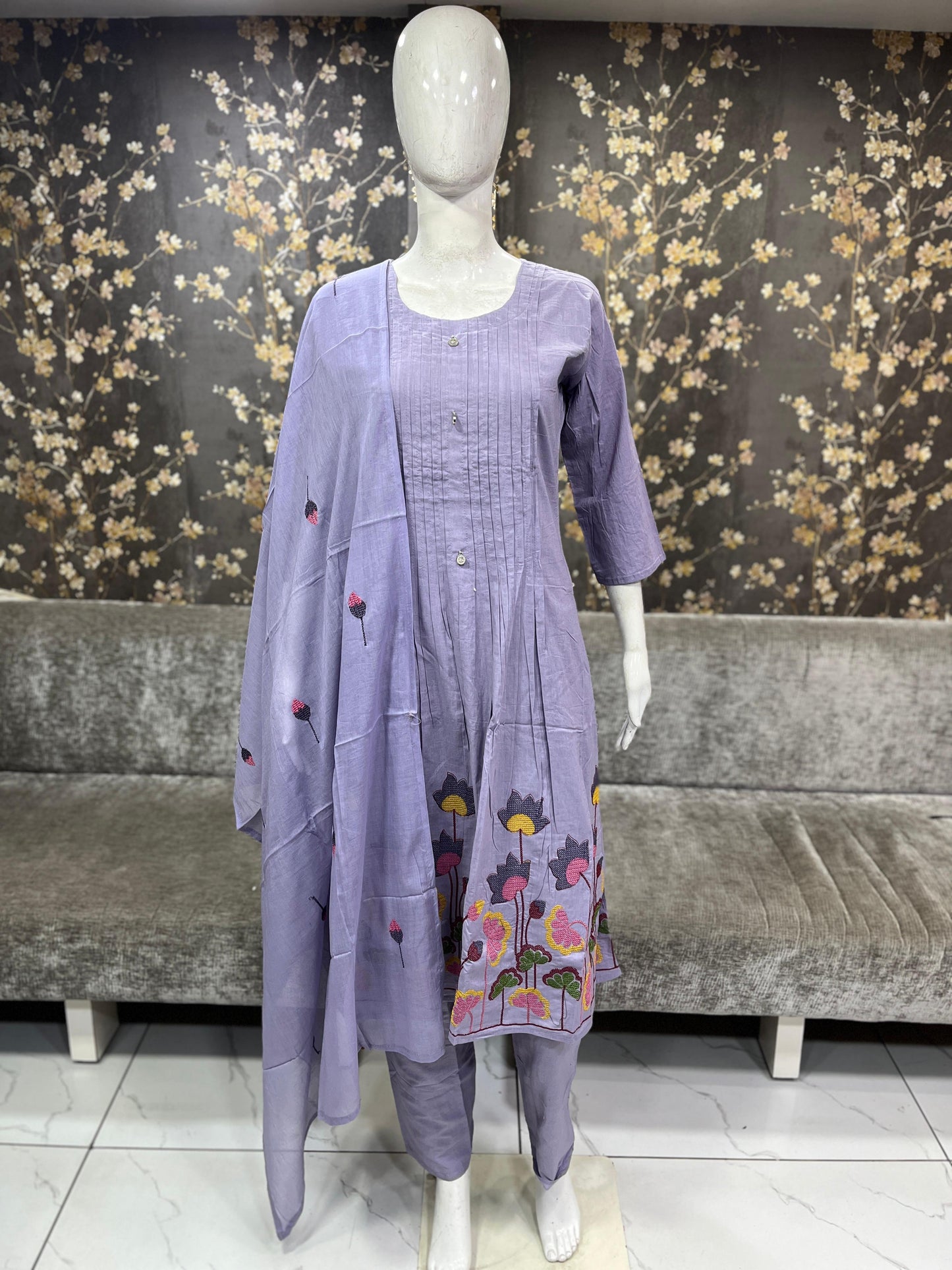 Preorder only - Lavender cross stitch embroidery kurti set