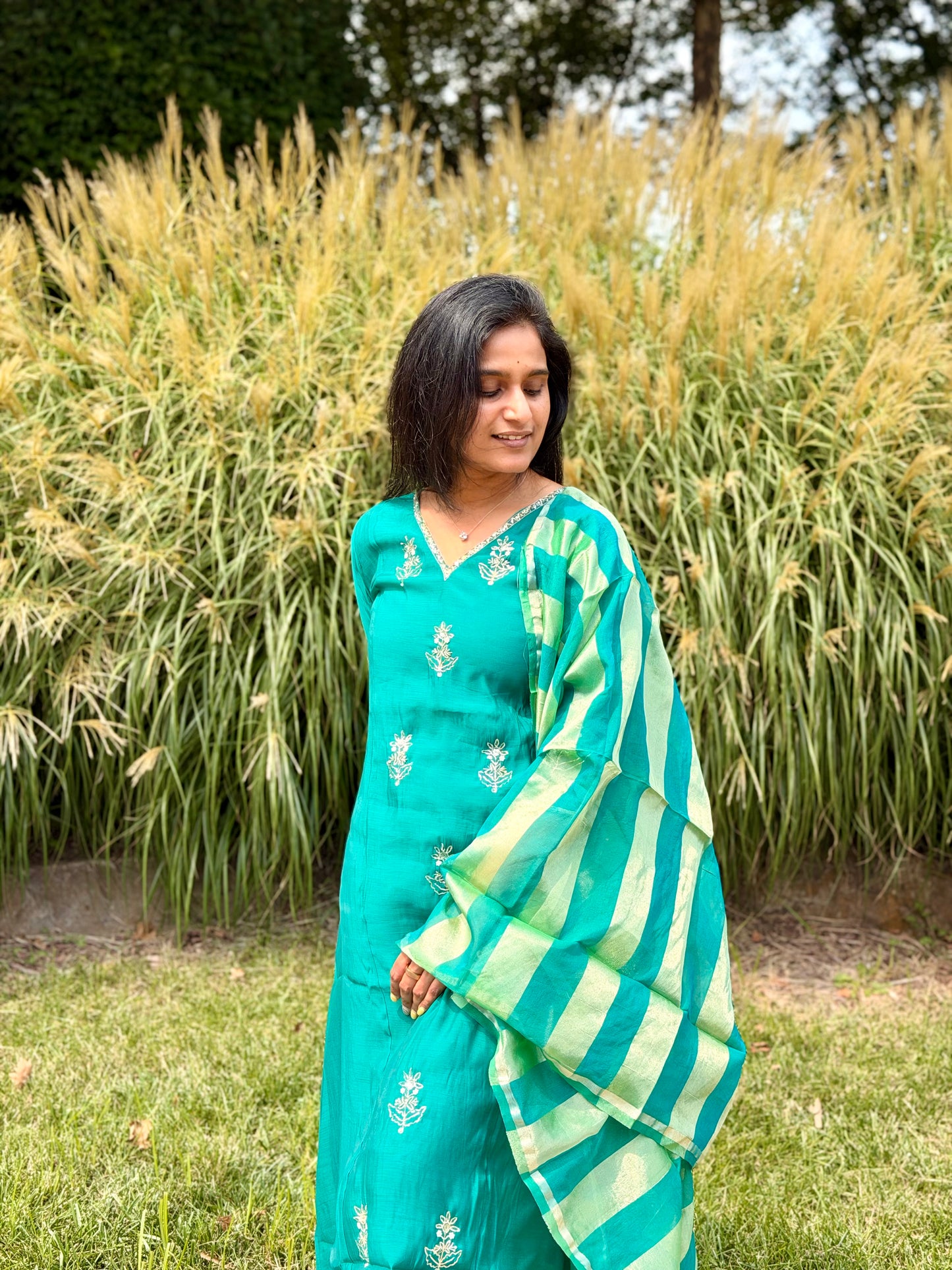 DARK Green Embroidered V-Neck Dress