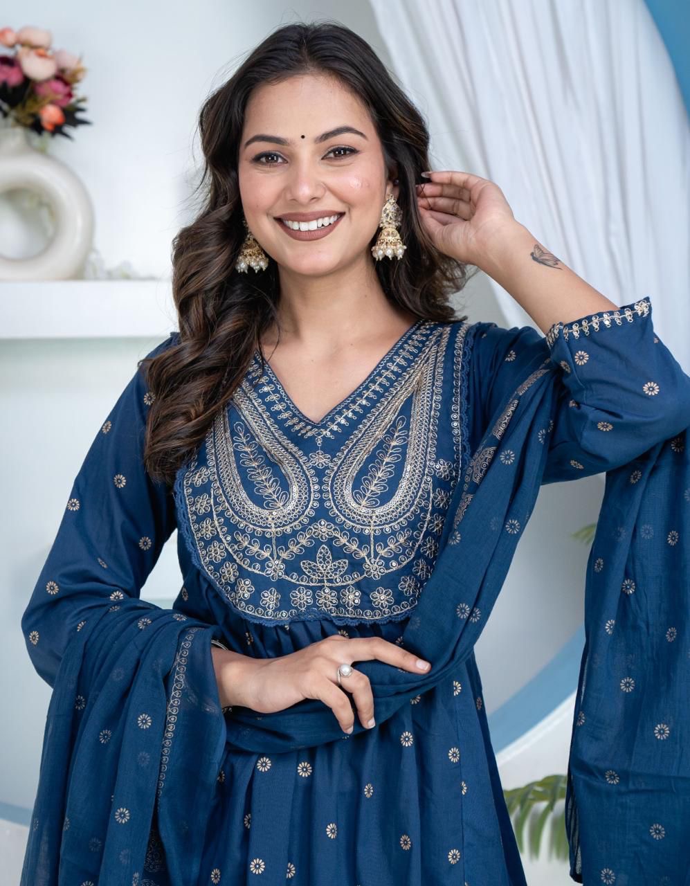 Elegant Blue Kurti Set with designer Yoke
