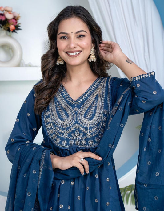 Elegant Blue Kurti Set with designer Yoke