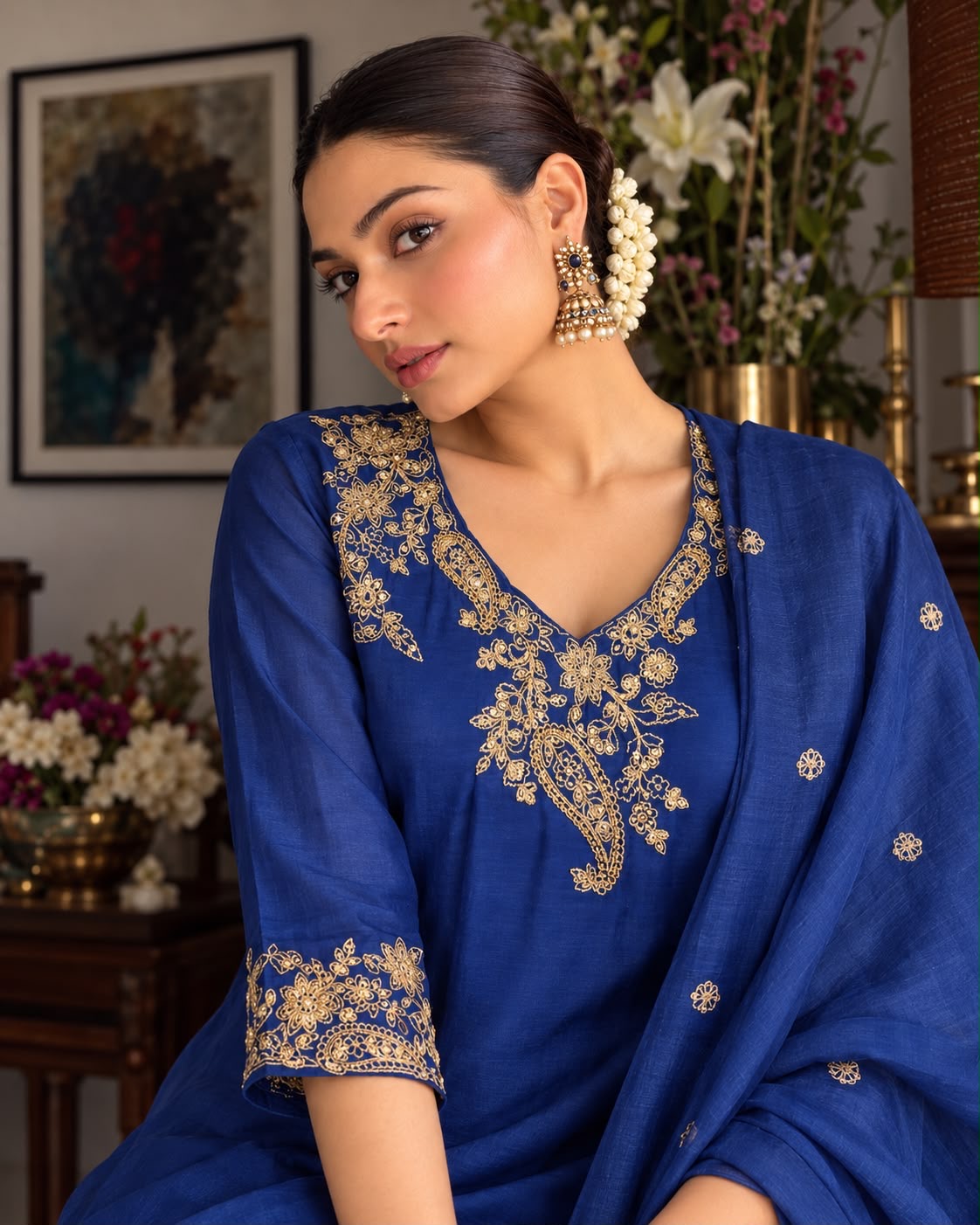 Royal Blue & Gold Kurta Palazzo Set with Dupatta