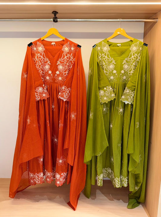 Noor Floral Hand-Embroidered Mulcotton Flared Dress (Rust/Olive)