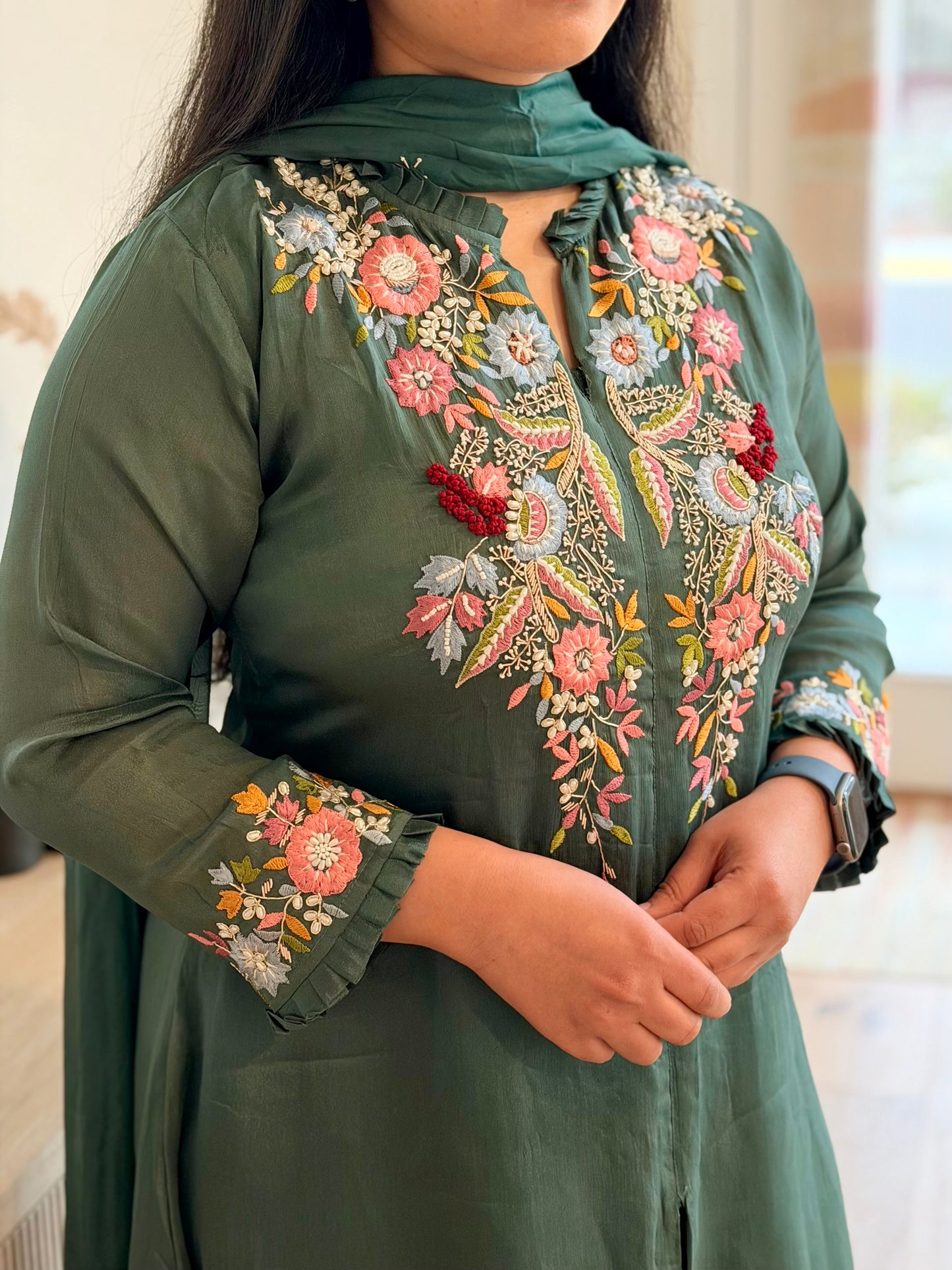 Moss Green high low Designer Embroidered Kurti