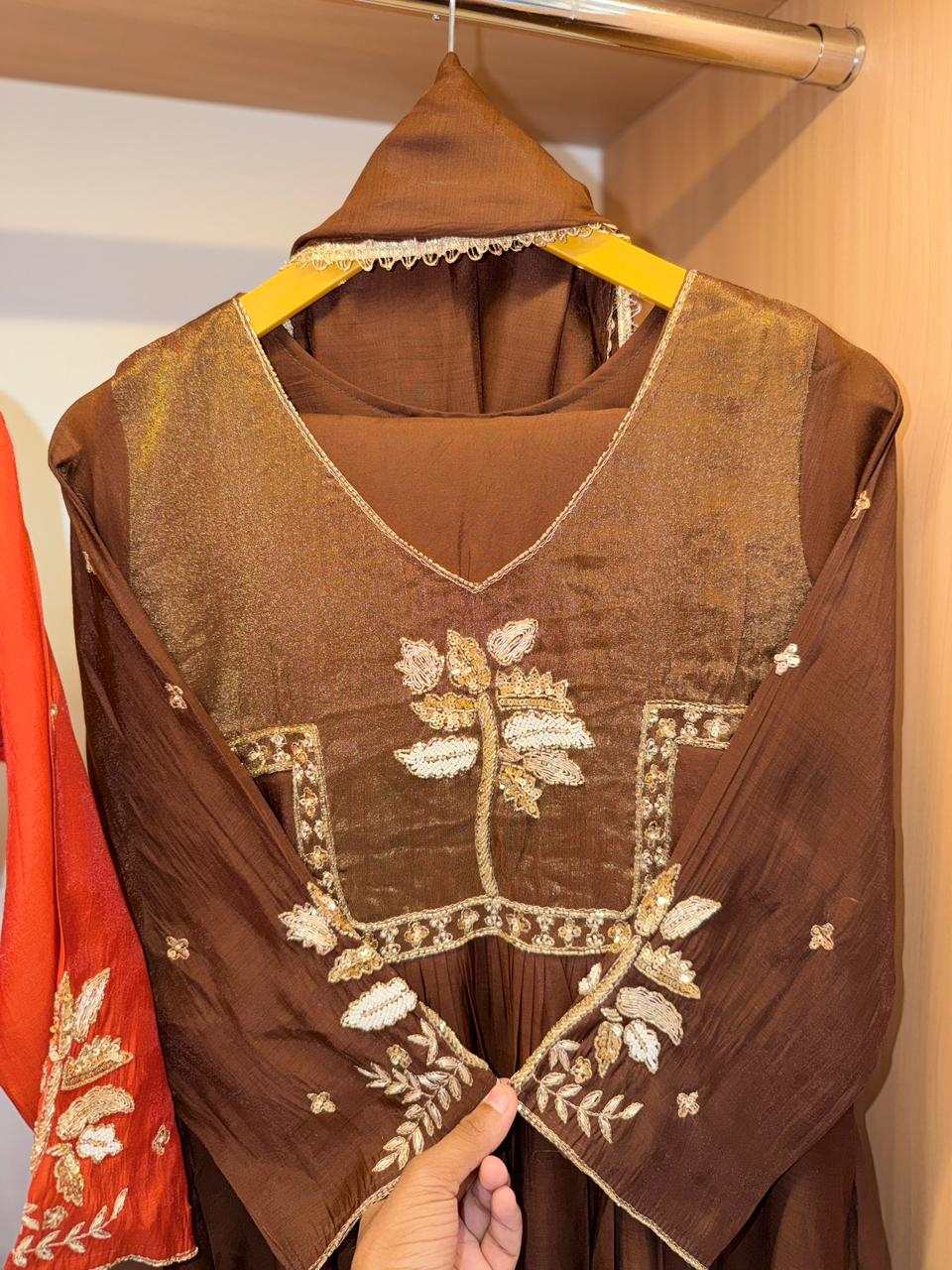 Aarohi Embroidered Yoke Mulchanderi Flared Dress (Wine/Orange/Coffee)