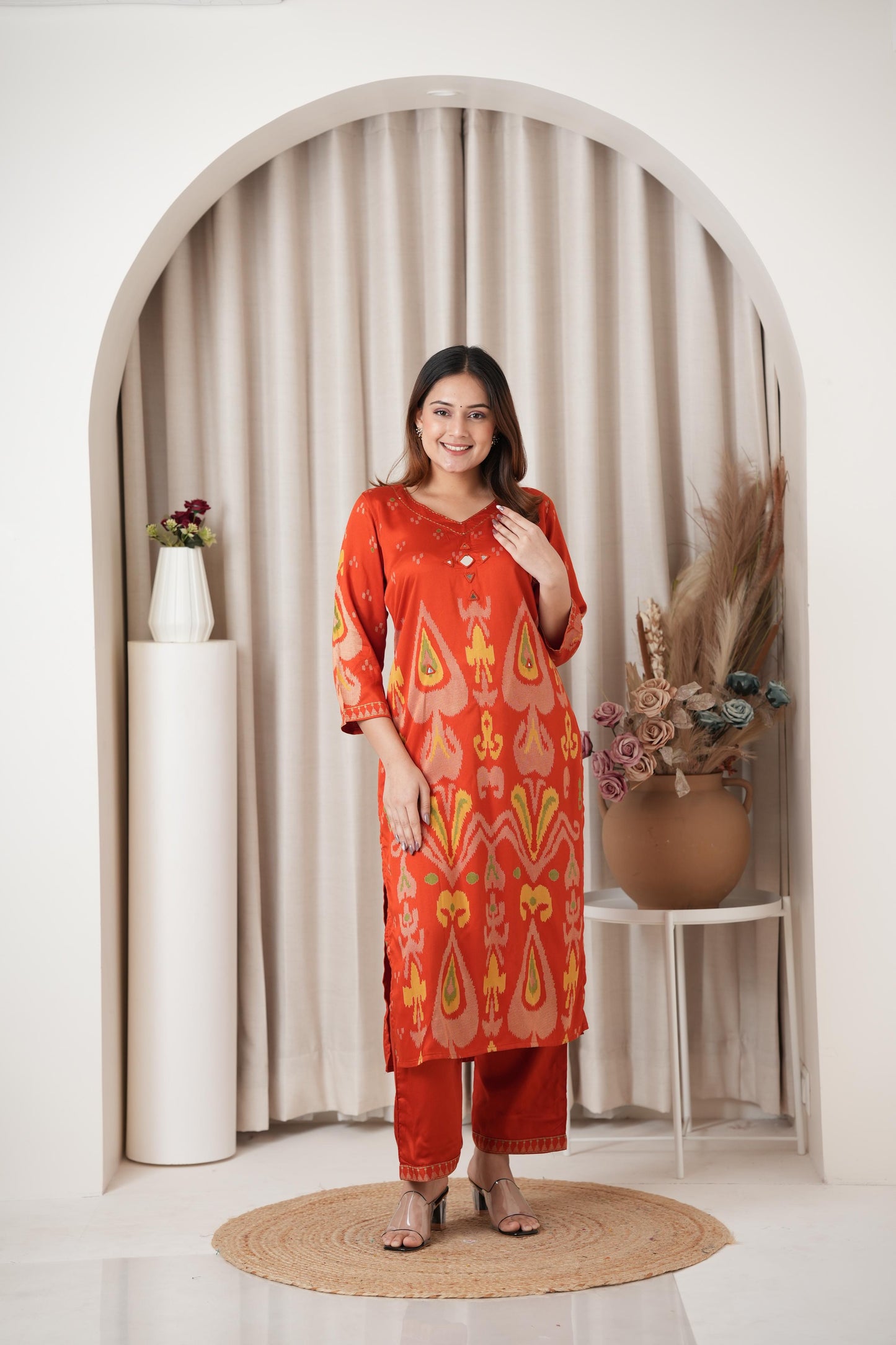 Bright Orange Kurti Set with Mirror and Thread Embroidery
