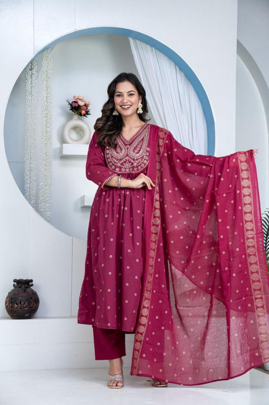 Elegant Majenta Kurti Set with designer Yoke