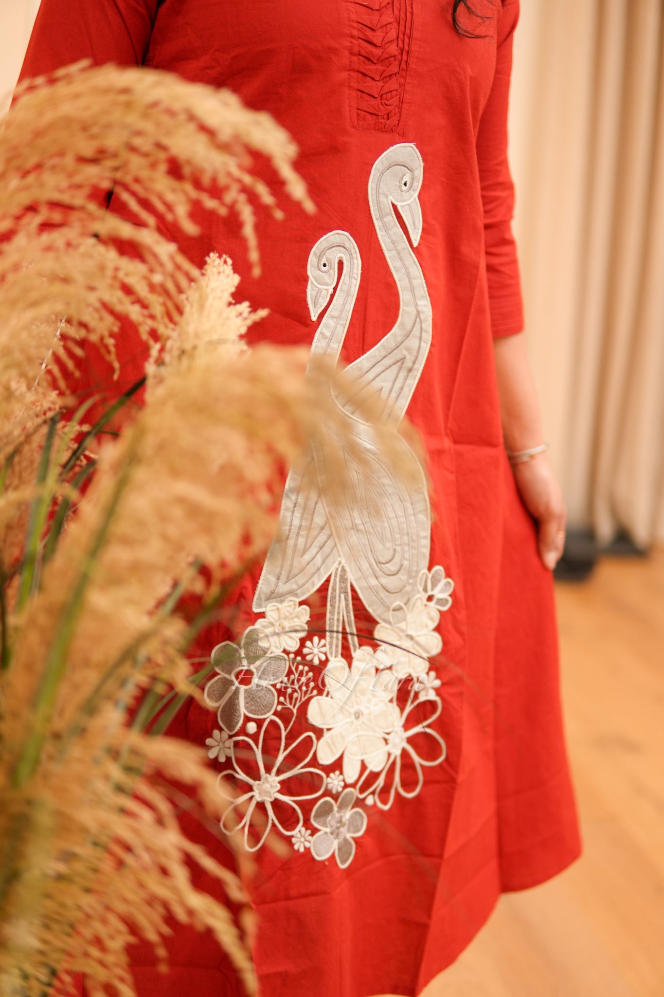 Red Green Charming Cotton Frock with Swan Appliqué Details