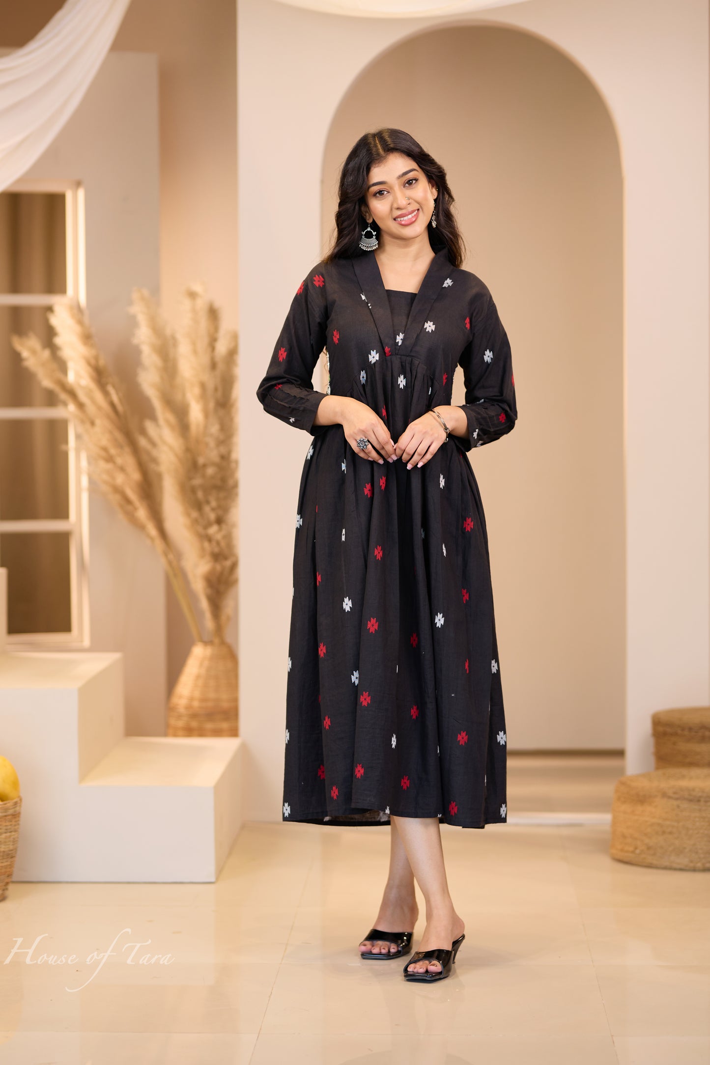 Black Handloom Cotton Jamdani Weave Summer Frock with Floral Hand Embroidery