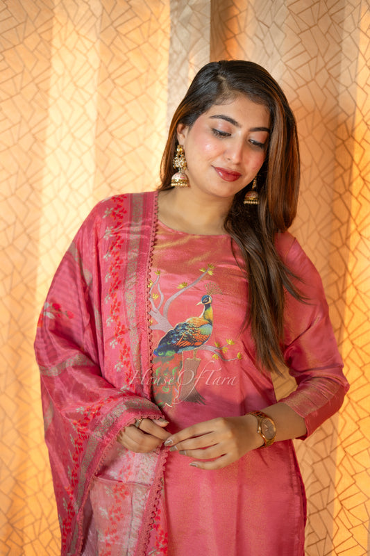Exquisite Silk Tissue Kurti Set with Intricate Applique Work