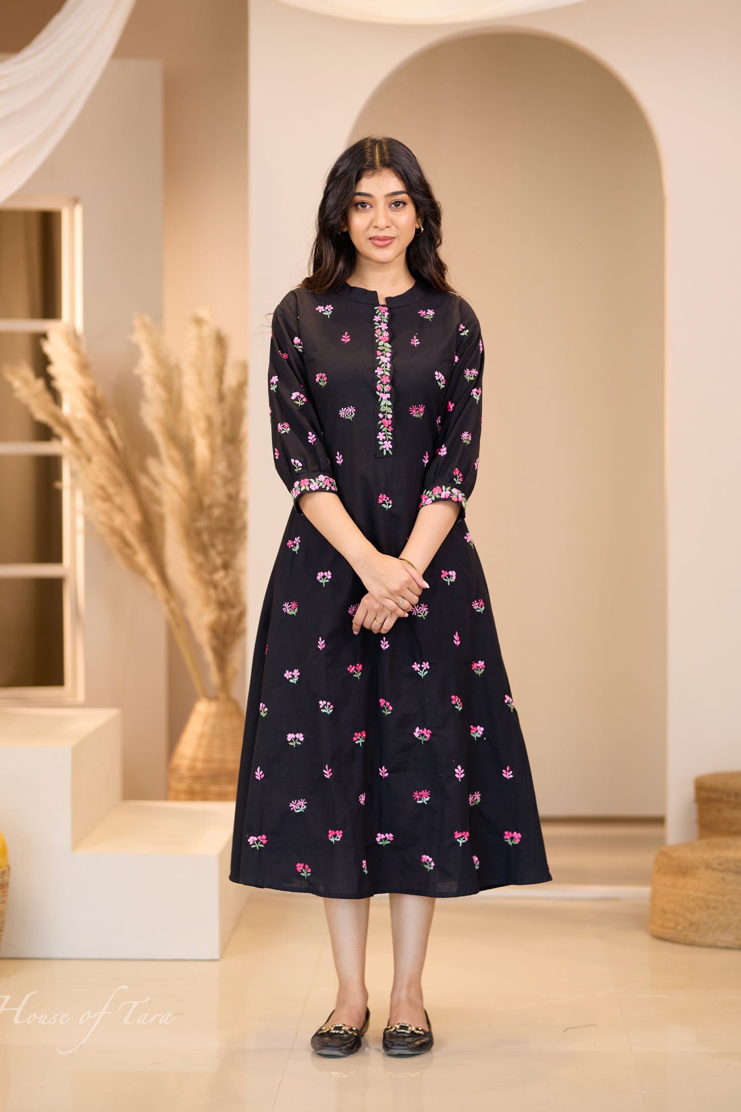 Black Cotton Frock with All-Over Floral Hand Embroidery - Summer Elegance