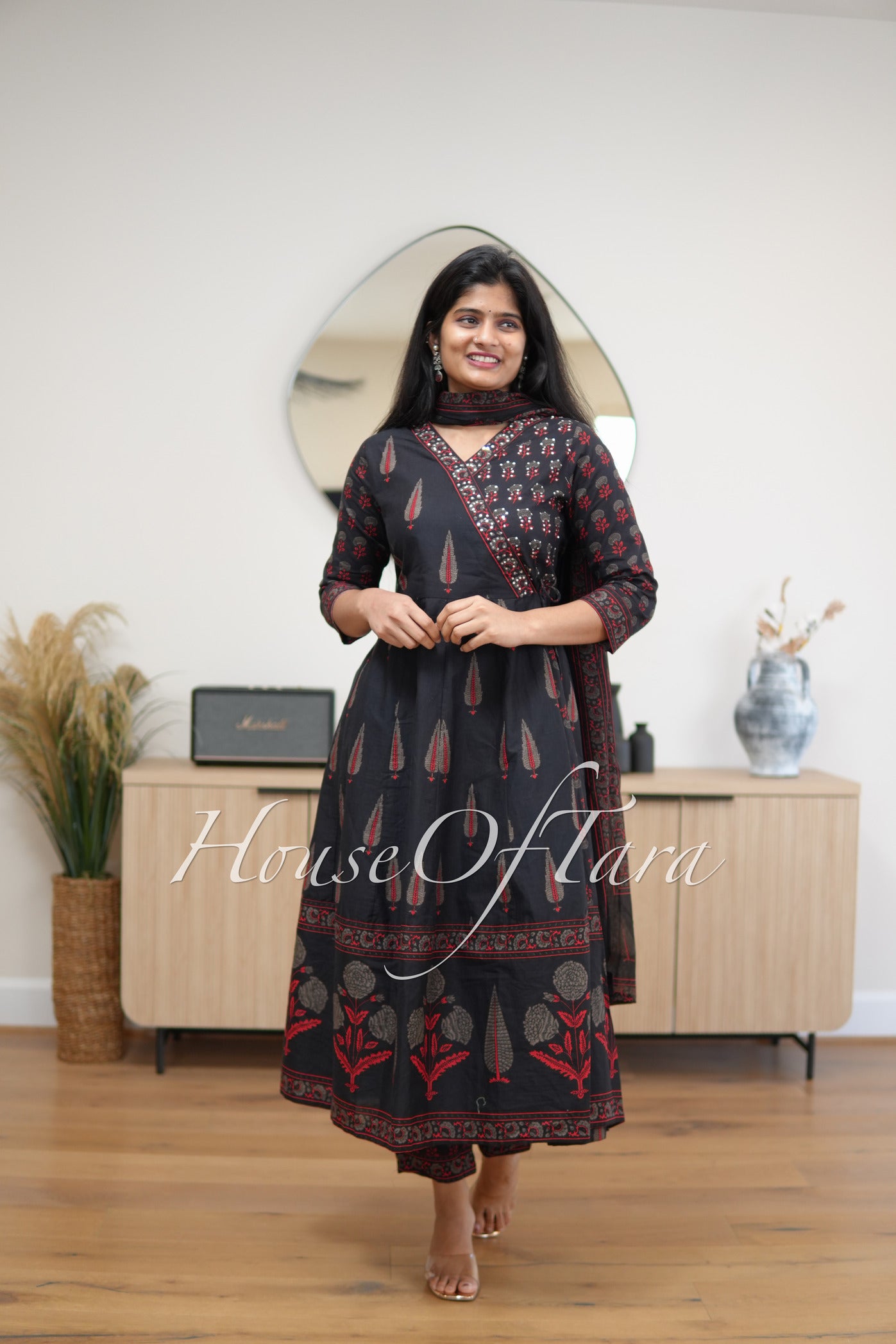 Traditional Elegance: Black Anarkali Cotton Block Print Kurti Set with Embellished Yoke and Matching Dupatta