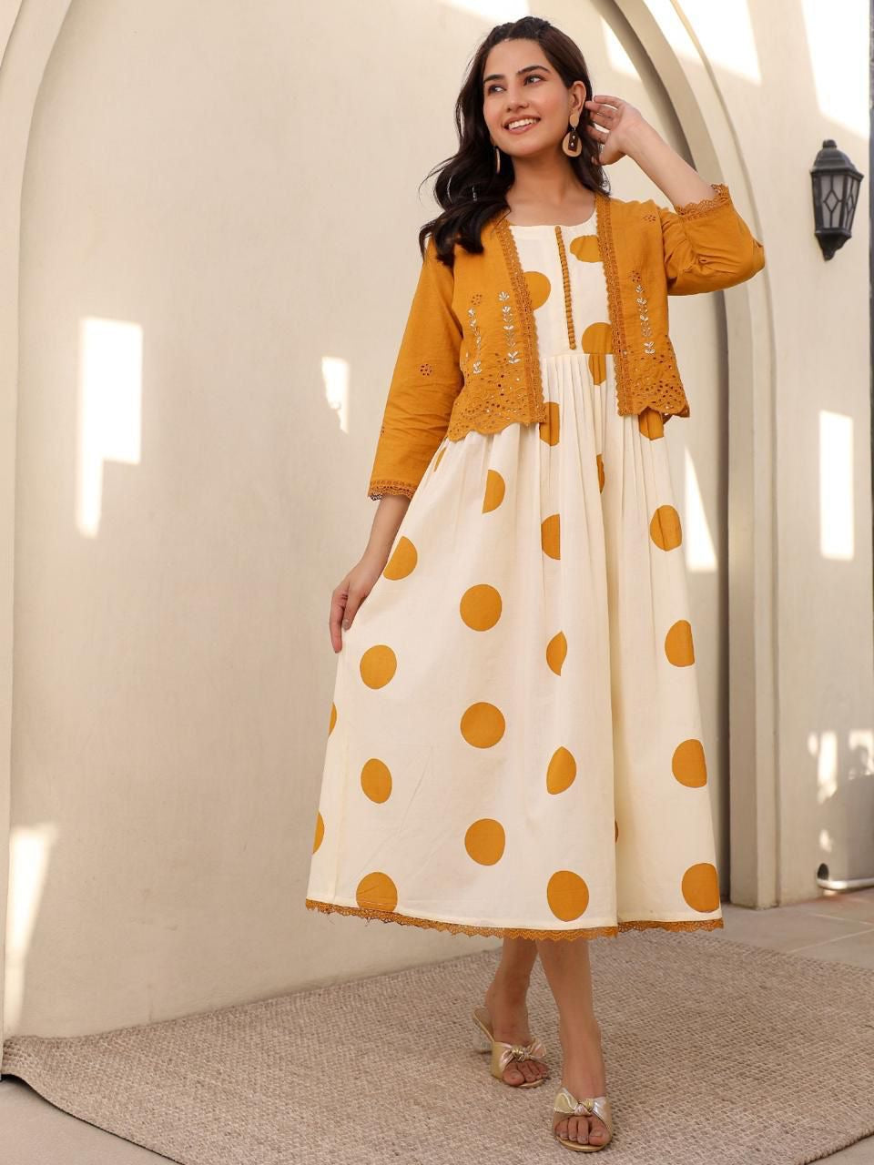 Yellow - Stylish Cotton Polka Dot Frock with Embellished Yoke and Coat