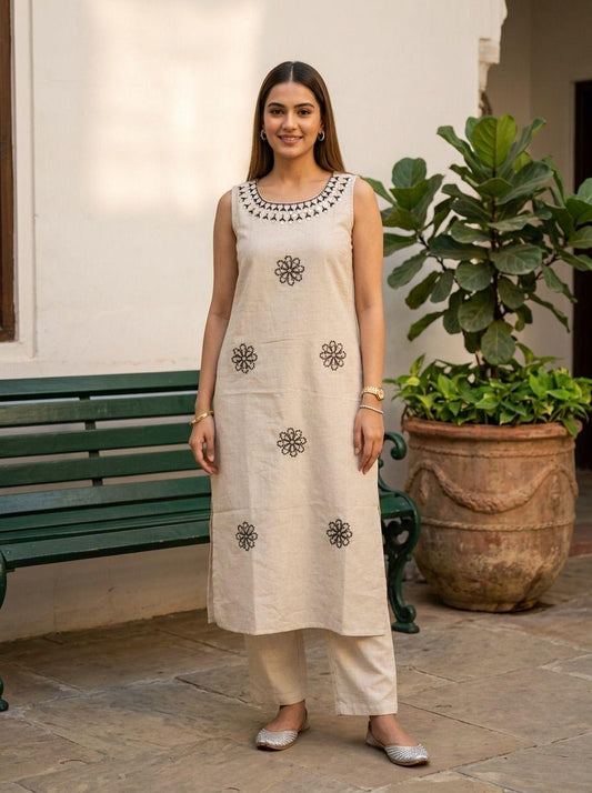Ivory Bloom Lenin Cotton With Plazo Pants