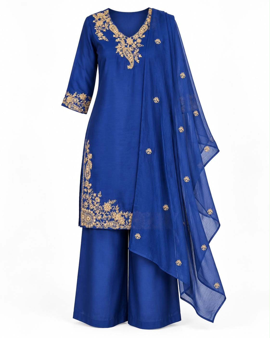 Royal Blue & Gold Kurta Palazzo Set with Dupatta