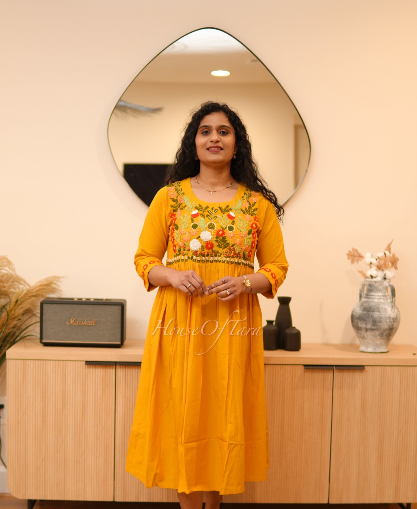 Yellow Stylish Cotton Frock with Hand-Embroidered Yoke