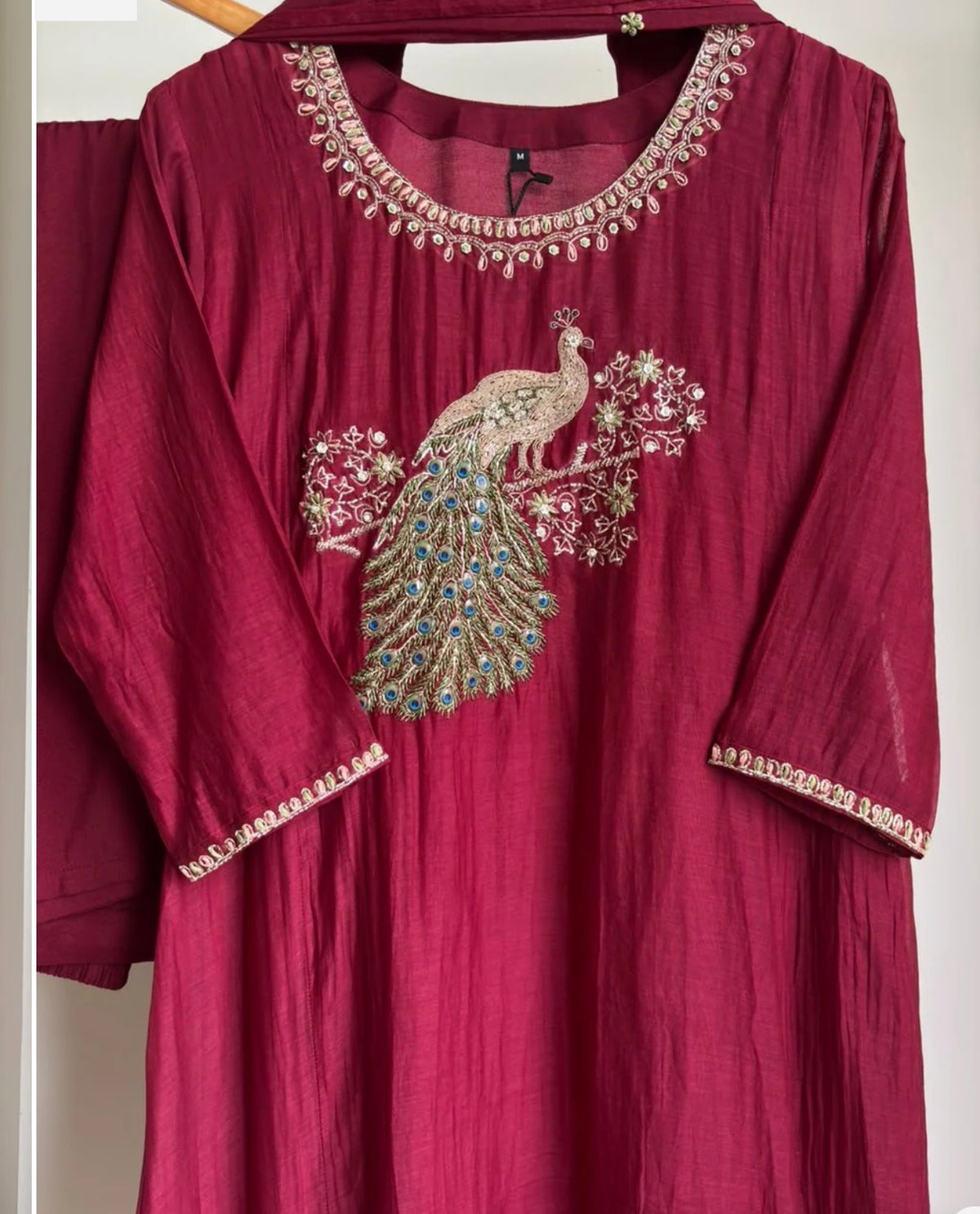Burgundy Peacock Embroidered Kurta Set