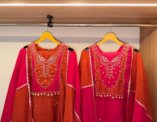 Gulnaar Embroidered Yoke Kaftan Kurta Set (Rust/Rani Pink)