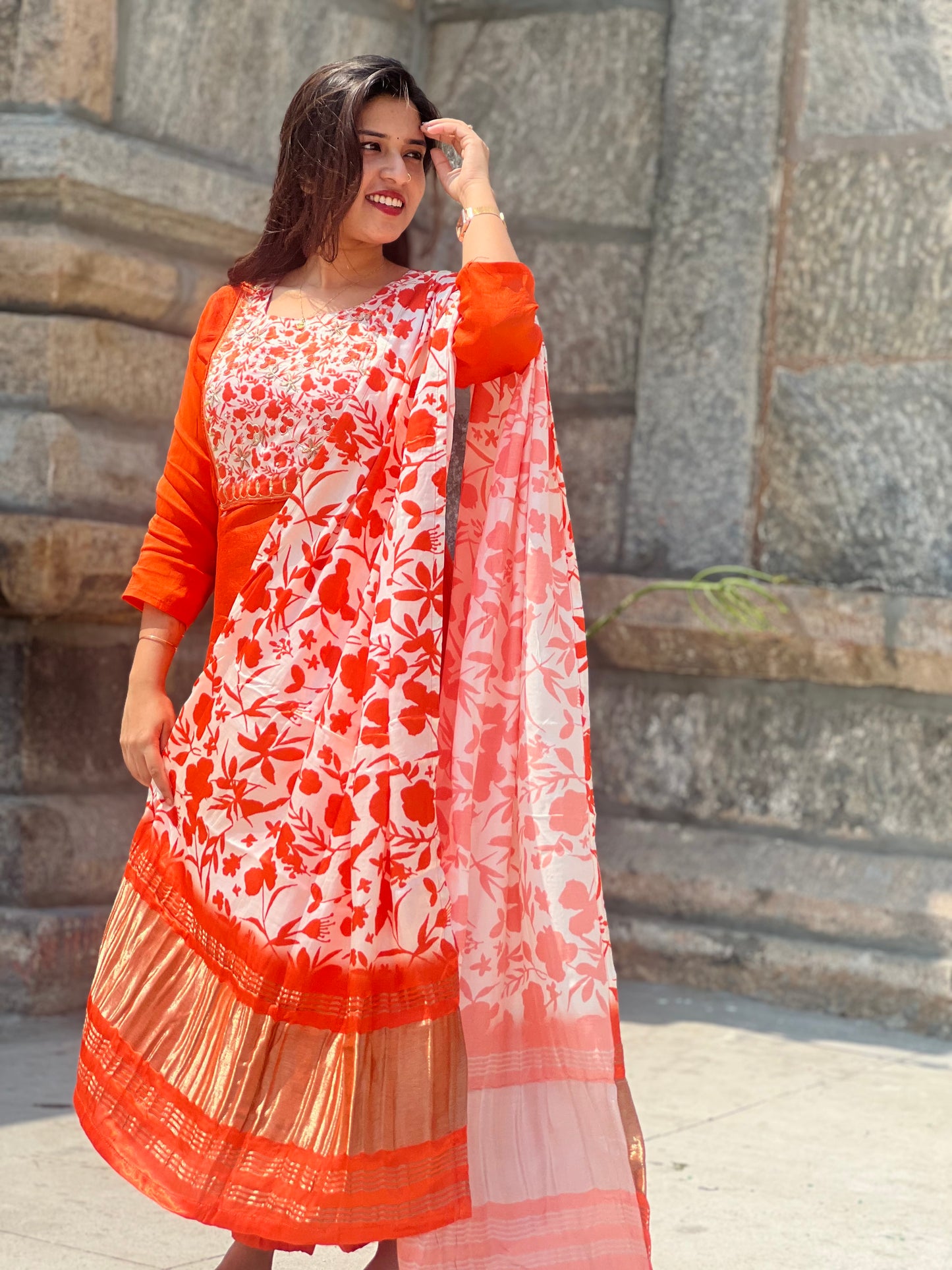 Radiant Orange Three-Piece Kurti Pant Set with Embellished Yoke & Gajji Silk Dupatta